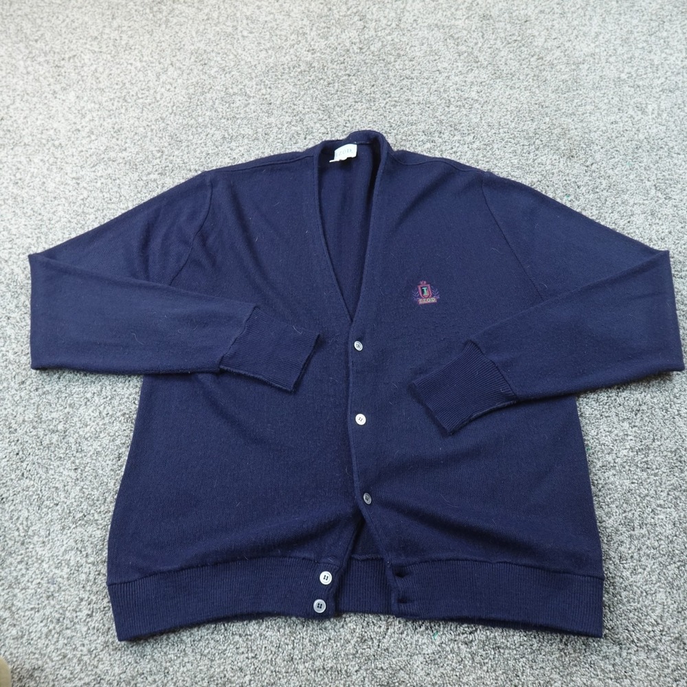 VTG IZOD Cardigan Mens L Navy Blue V Neck Button Knit Sweater Grandpa 80s 90s